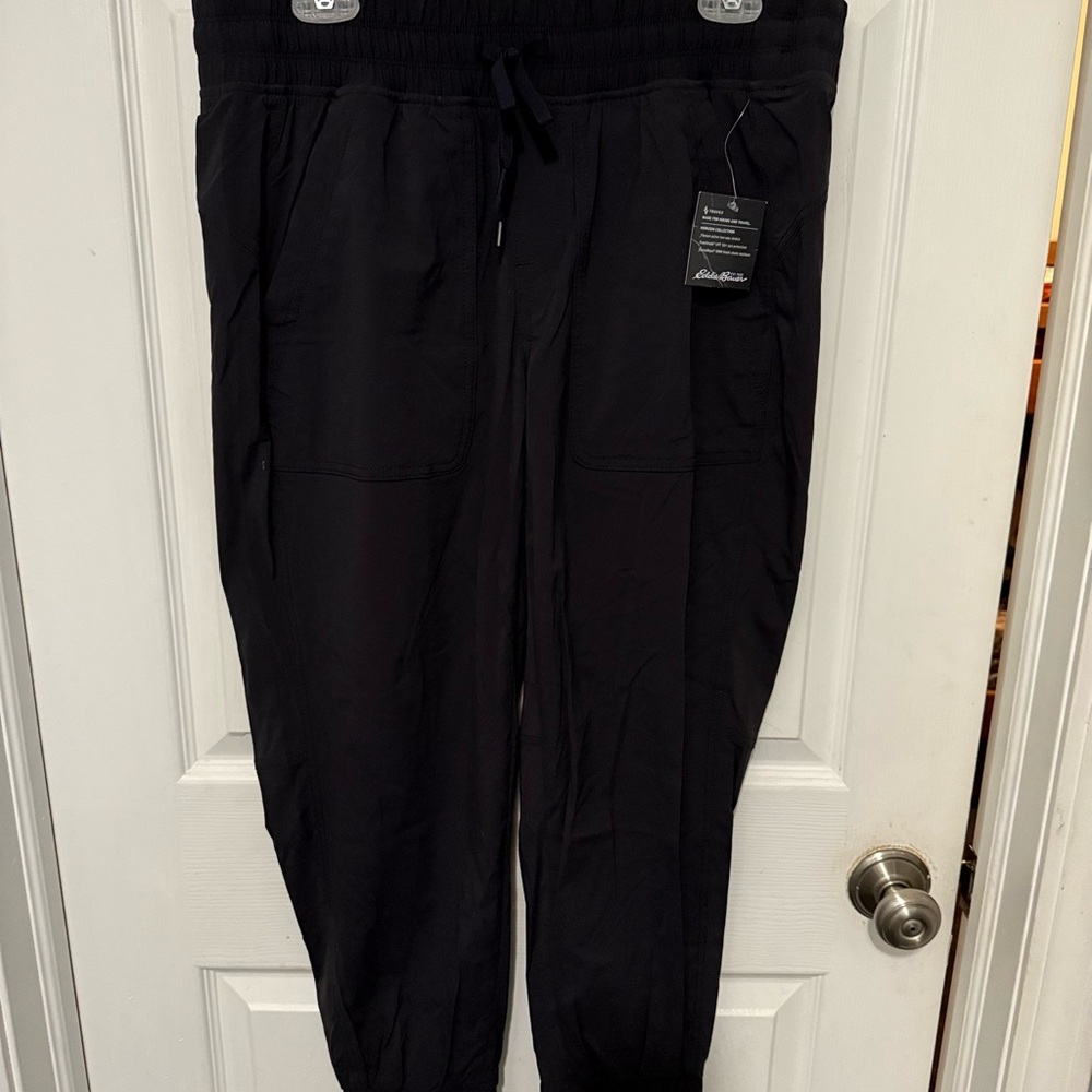 Eddie Bauer Slightly Curvy Jogger Pants Black Womans Petite 10P Drawstring NEW